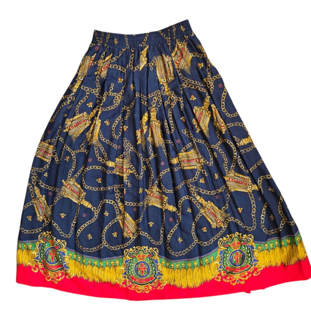 Vintage Ornate Scarf Print Midi Skirt Royal Lions Baroque Maximalist Women Small